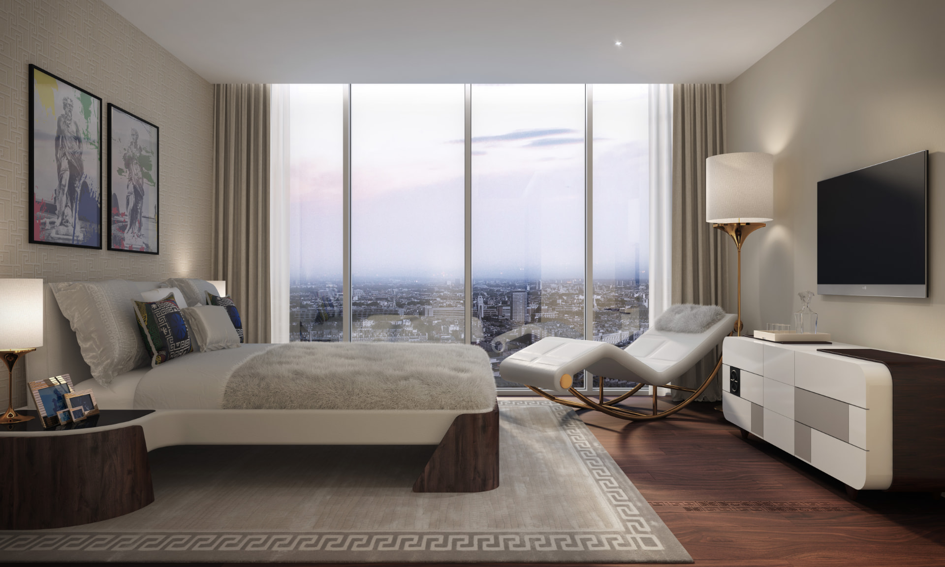 Principal bedroom with Versace textiles, chaise and city outlook