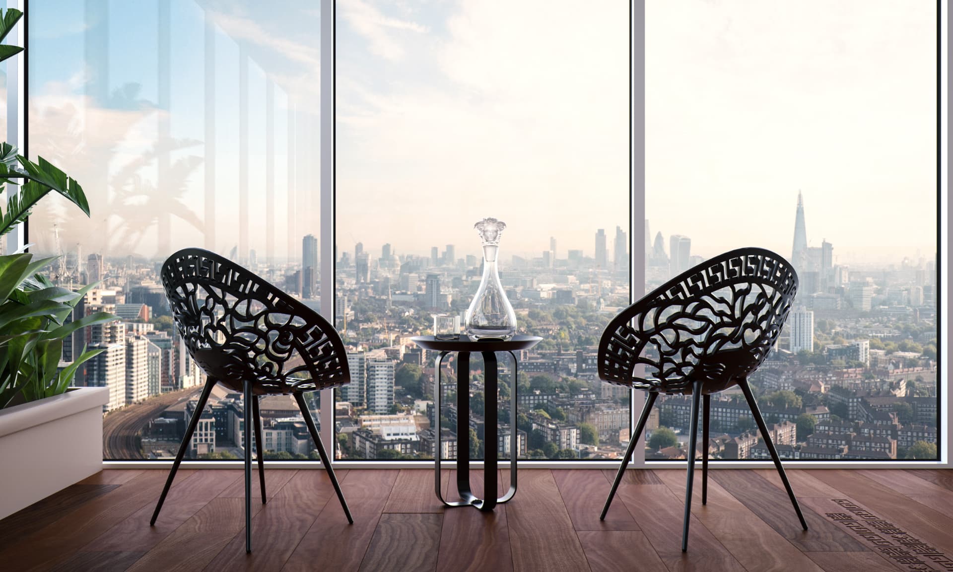 Window seating with sculpted chairs and crystal decanter above the city