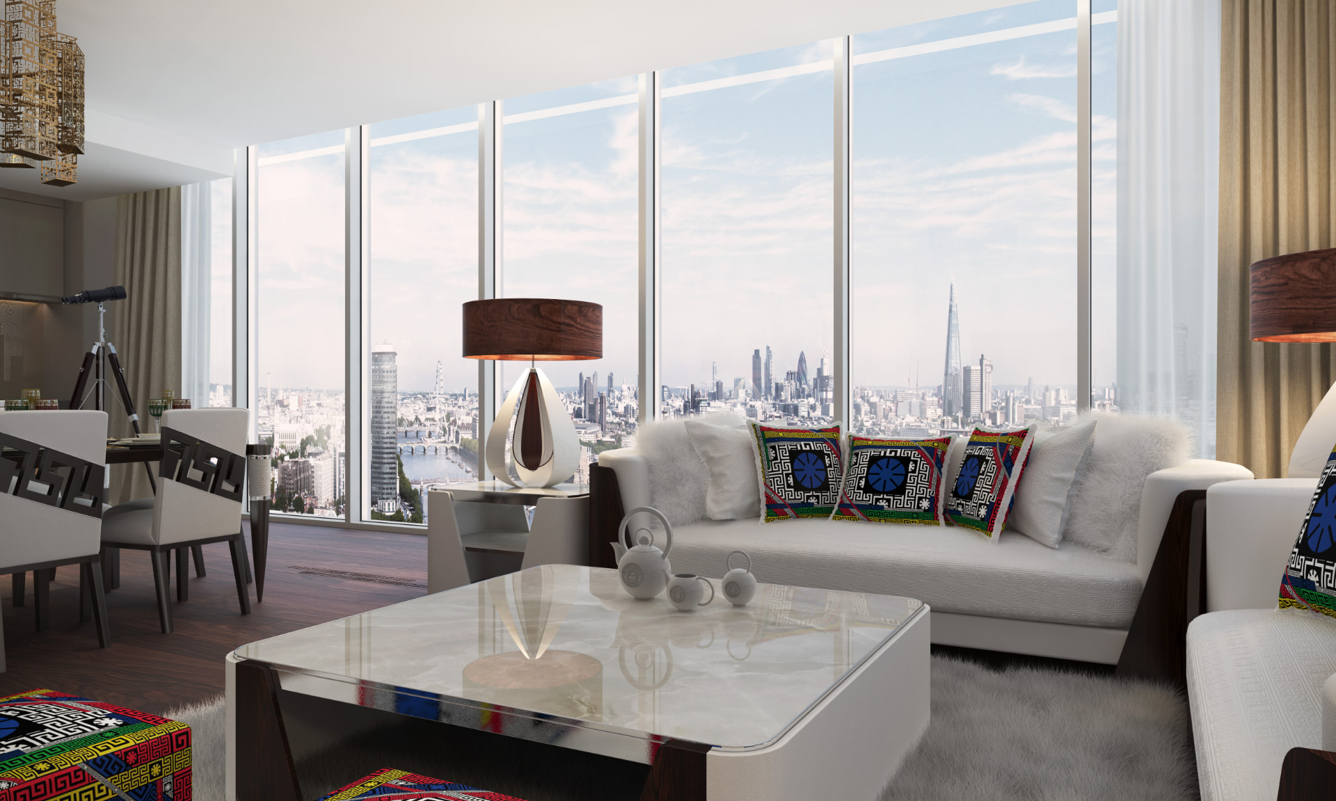 Living room with Versace furnishings and panoramic London skyline views