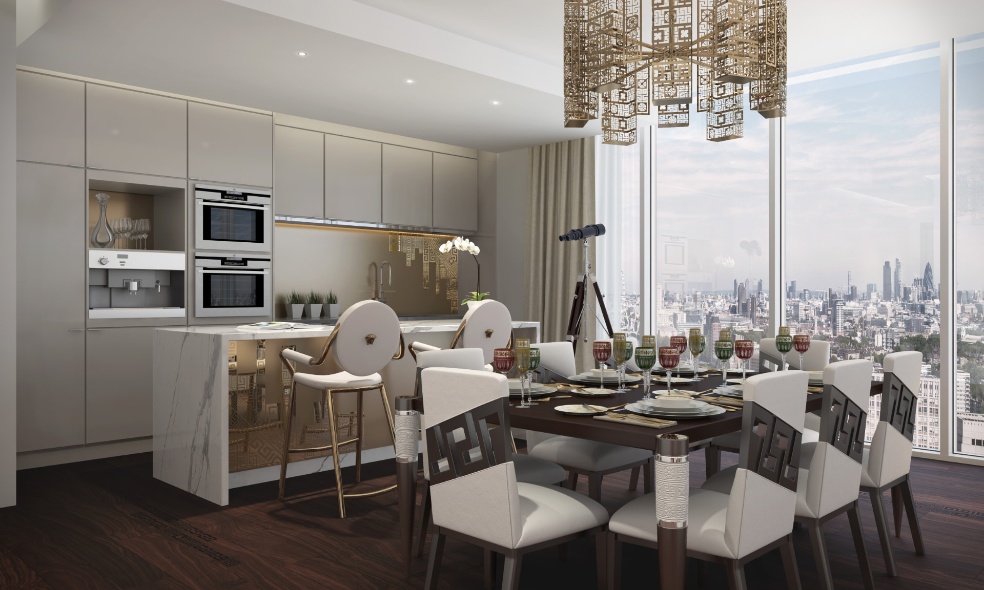 Open-plan kitchen and dining room with Greek-key detailing and gilt chandelier